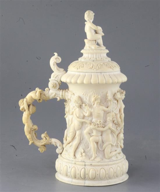 A mid 19th century German ivory tankard, height 10.5in.